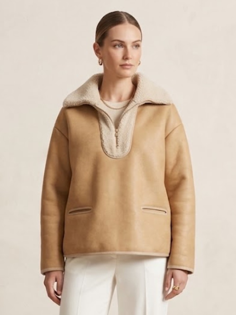 Tuckernuck Shearling Faux Leather 1/4 Zip Pullover Camel Size S Soft Oversized